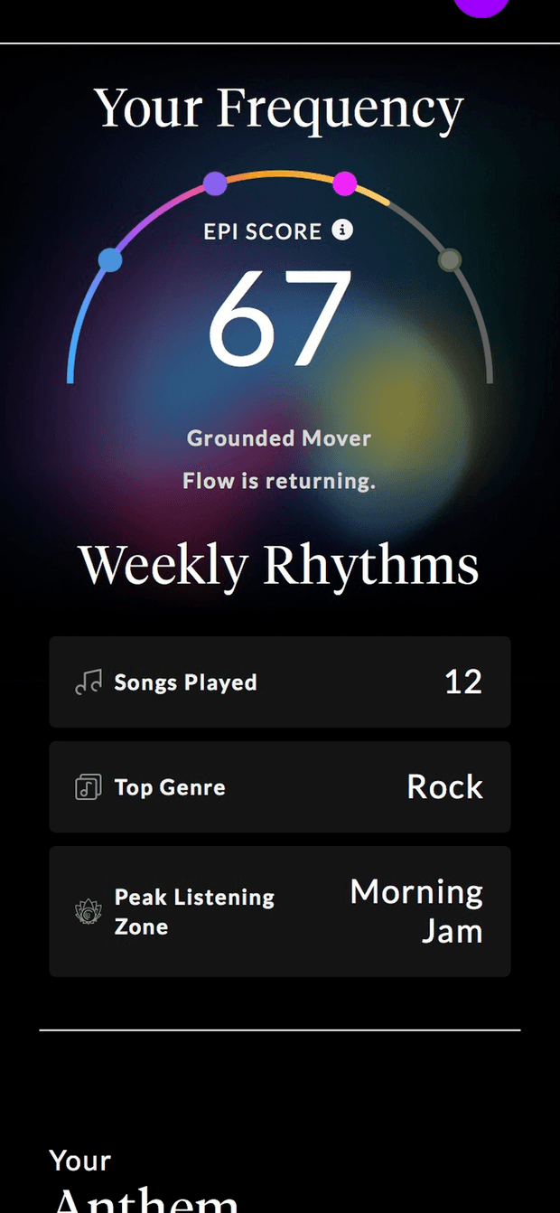 The CHRP app showing an EPI Score of 67, Grounded Mover, and this week’s Weekly Rhythms.